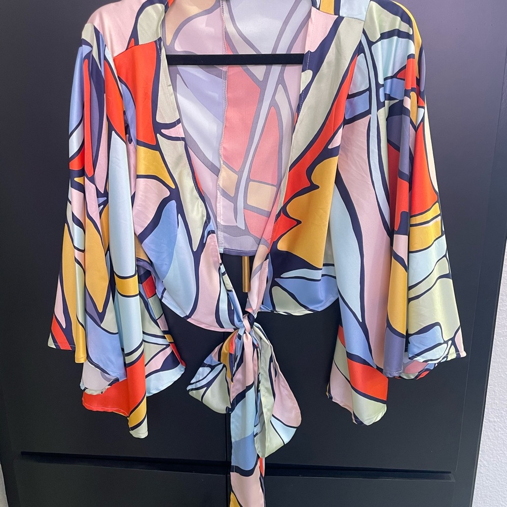 Vibrant Abstract Tie-Front Blouse